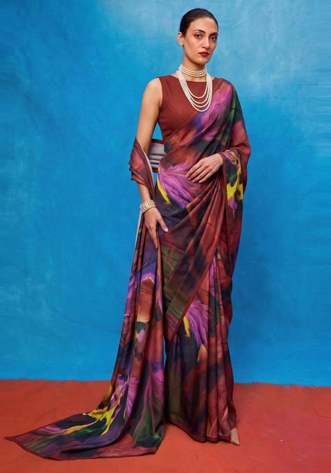 Multi Floral Print Georgette Pre Draped Saree Set