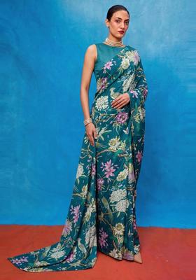 Teal Blue Floral Print Georgette Pre Draped Saree Set