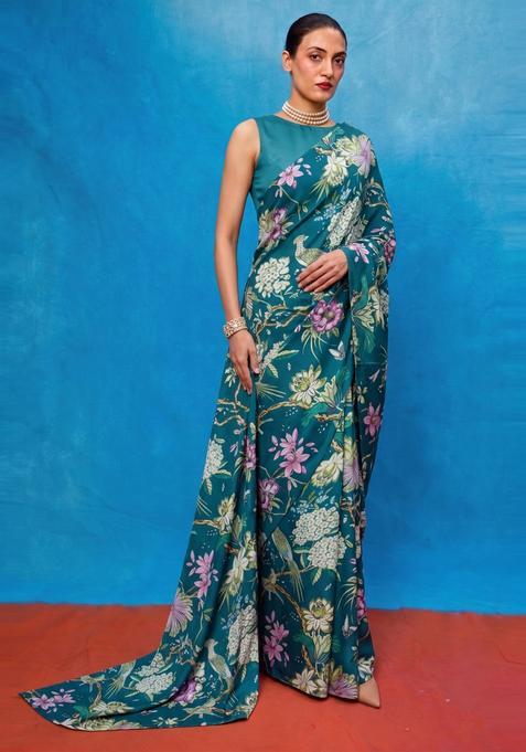 Teal Blue Floral Print Georgette Pre Draped Saree Set