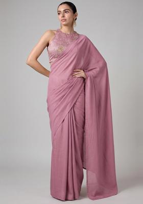 Dusty Pink Zari Work Tissue Pre Draped Saree Set