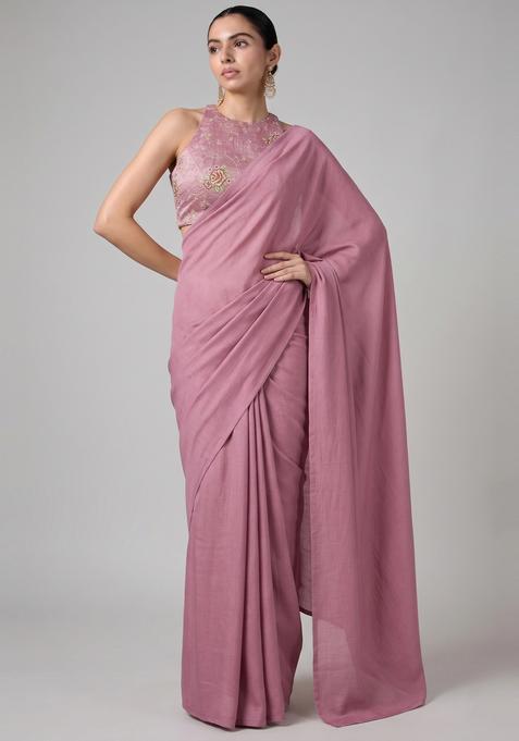 Dusty Pink Zari Work Tissue Pre Draped Saree Set