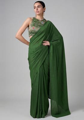 Dark Green Zari Work Tissue Pre Draped Saree Set