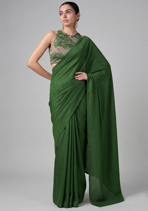 Dark Green Zari Work Tissue Pre Draped Saree Set