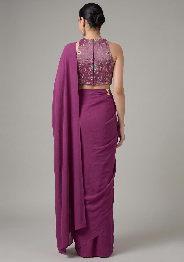 Deep Wine Zari Work Tissue Pre Draped Saree Set - Indya
