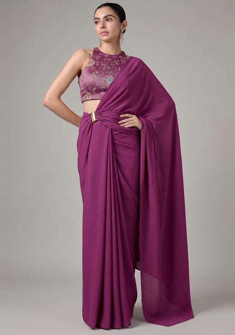 Deep Wine Zari Work Tissue Pre Draped Saree Set