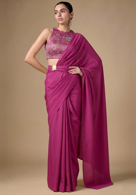 Magenta Pink Zari Work Tissue Pre Draped Saree Set