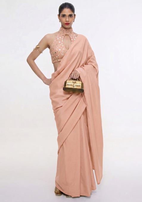 Dusty Peach Mirror Work Silk Pre Draped Saree Set