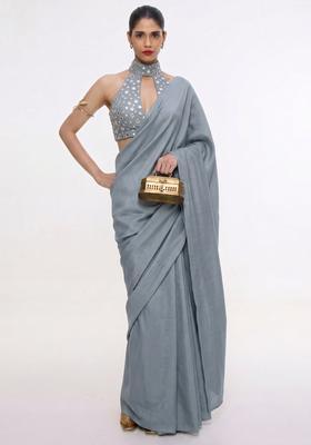 Slate Grey Mirror Work Silk Blend Pre Draped Saree Set