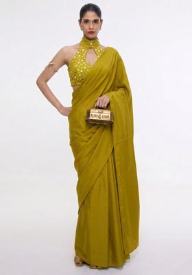 Olive Green Mirror Work Silk Blend Pre Draped Saree Set