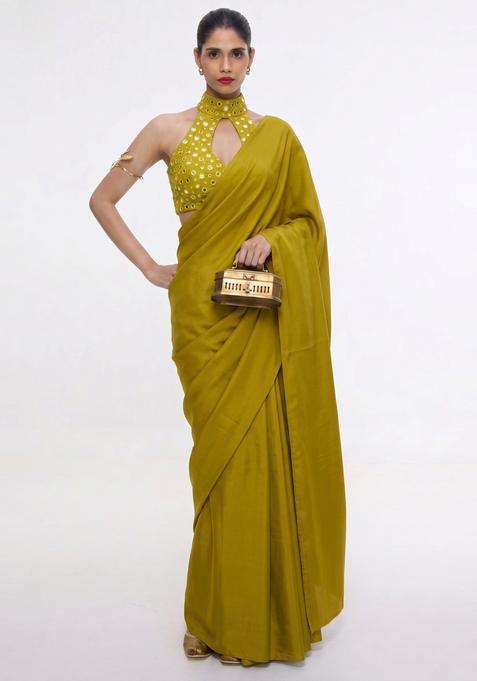 Olive Green Mirror Work Silk Pre Draped Saree Set