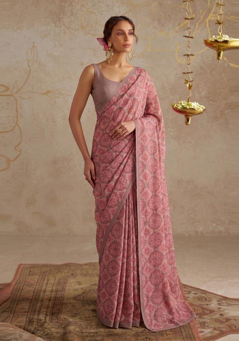 Dusty Pink Printed Georgette Pre Draped Saree Set