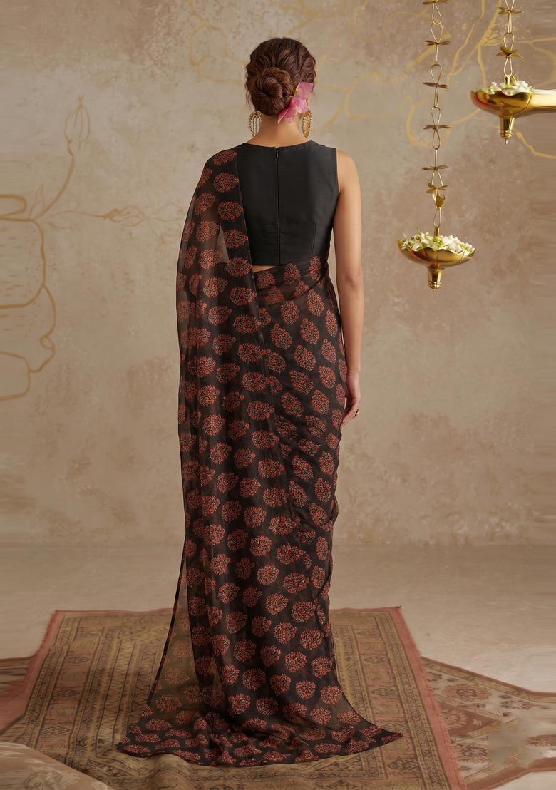 Black Printed Pre Draped Saree Set - Indya