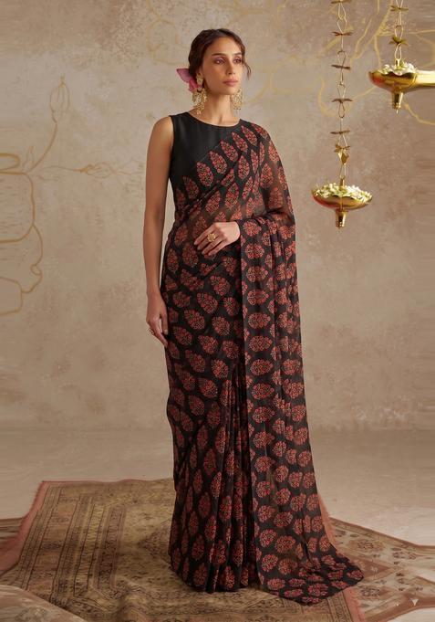 Black Printed Pre Draped Saree Set