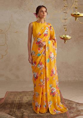 Yellow Floral Print Georgette Pre Draped Saree Set