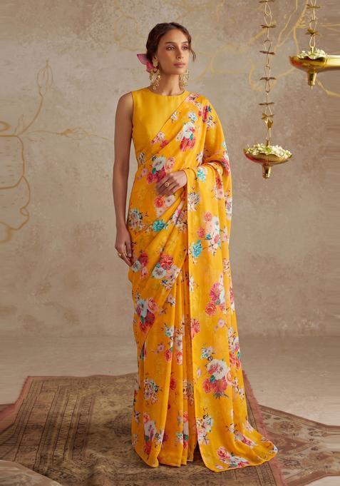 Yellow Floral Print Georgette Pre Draped Saree Set