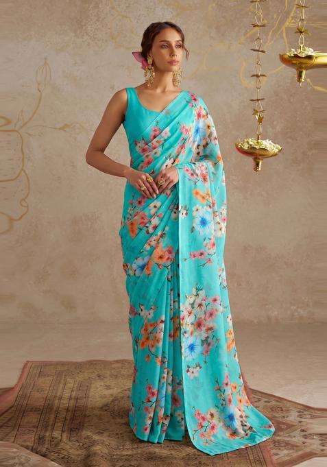 Sky Blue Floral Print Georgette Pre Draped Saree Set