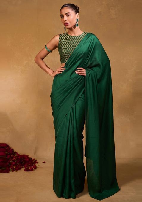 Dark Green Brocade Pre Draped Saree Set