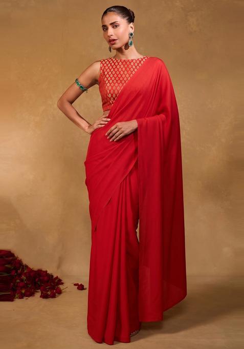 Red Brocade Pre Draped Saree Set