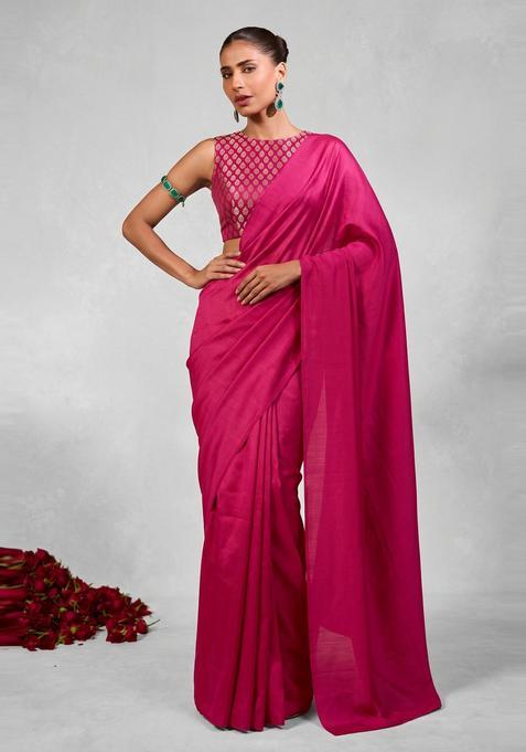 Rani Pink Brocade Pre Draped Saree Set