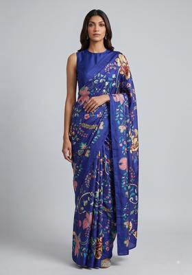 Dark Blue Floral Print Georgette Pre Draped Saree Set
