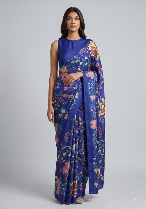 Dark Blue Floral Print Georgette Pre Draped Saree Set