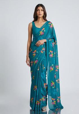 Teal Floral Print Georgette Pre Draped Saree Set