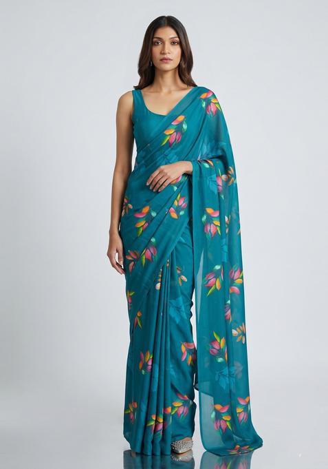 Teal Floral Print Georgette Pre Draped Saree Set