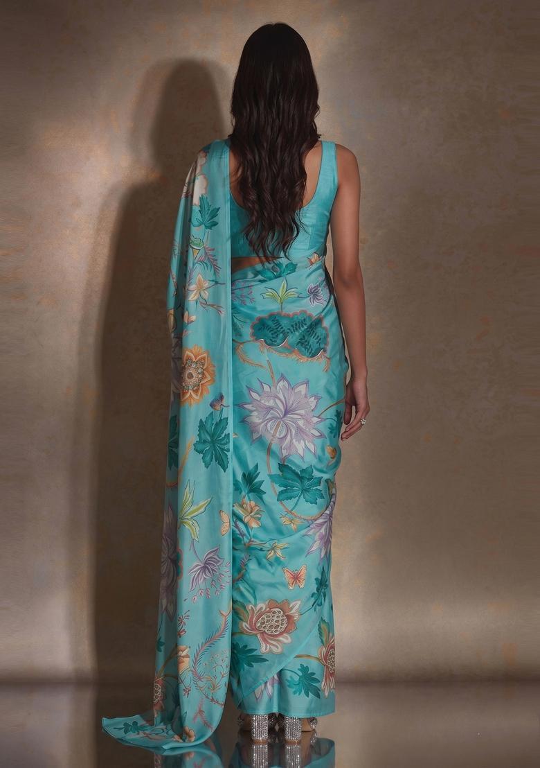 Light Blue Floral Print Georgette Pre Draped Saree Set - Indya