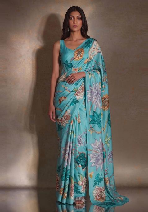 Light Blue Floral Print Georgette Pre Draped Saree Set