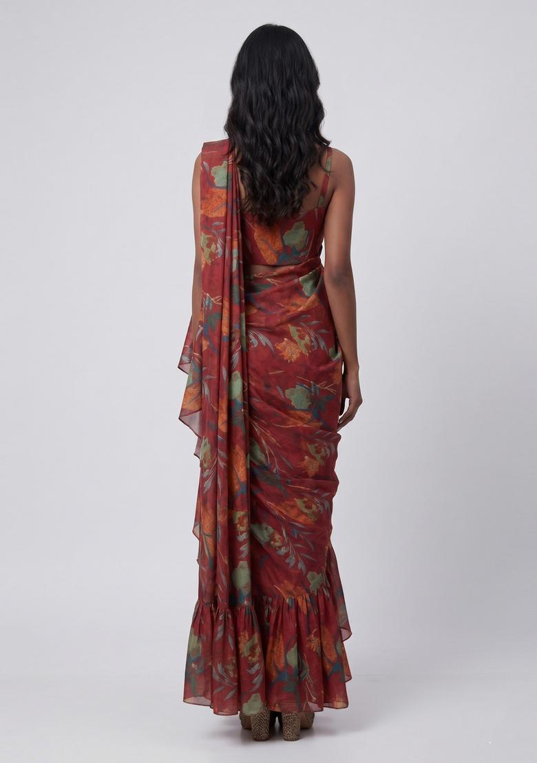Maroon Printed Organza Pre Draped Saree Set - Indya