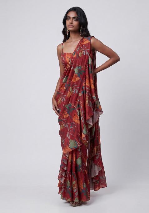 Maroon Floral Print Organza Pre Draped Saree Set