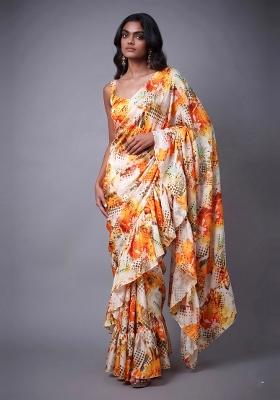 Orange Printed Organza Pre Draped Saree Set