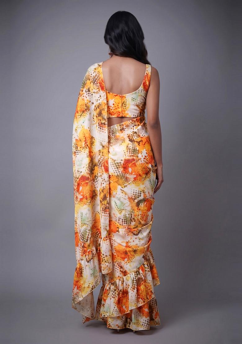 Orange Printed Organza Pre Draped Saree Set - Indya