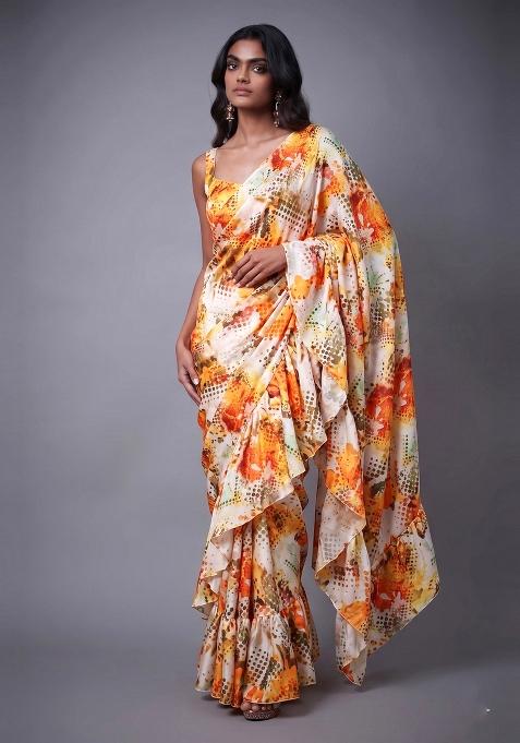 Orange Abstract Print Organza Pre Draped Saree Set