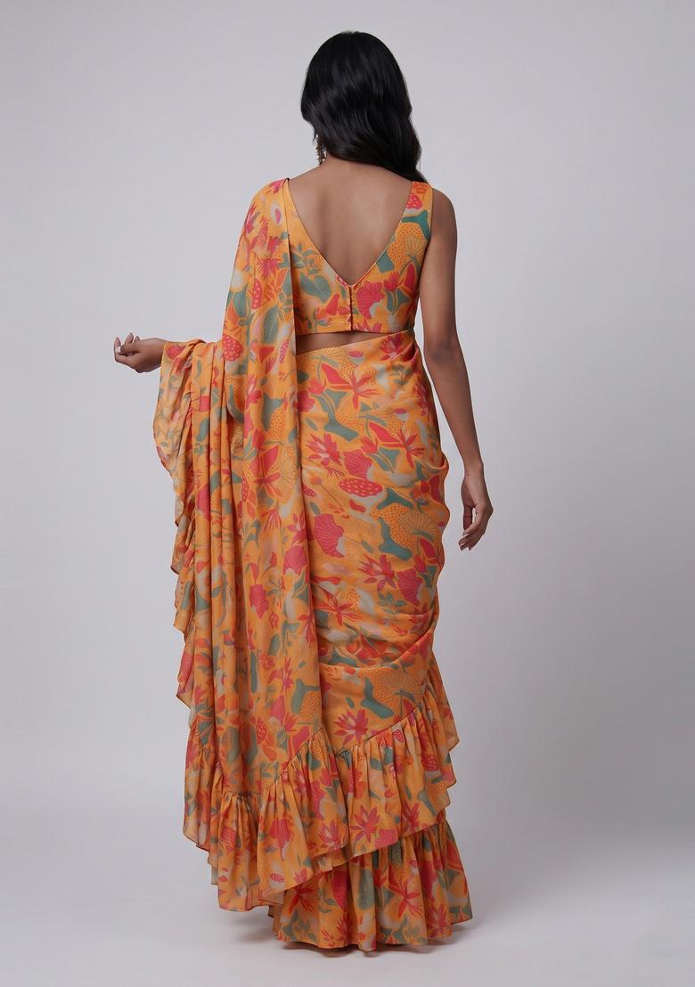 Orange Printed Organza Pre Draped Saree Set - Indya