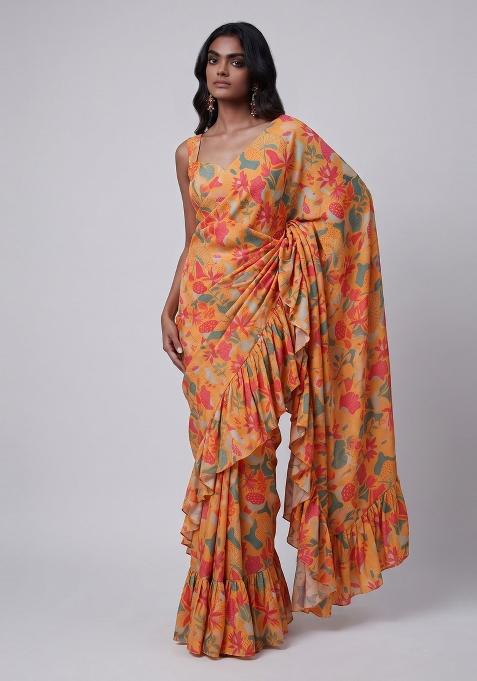 Orange Floral Print Organza Pre Draped Saree Set
