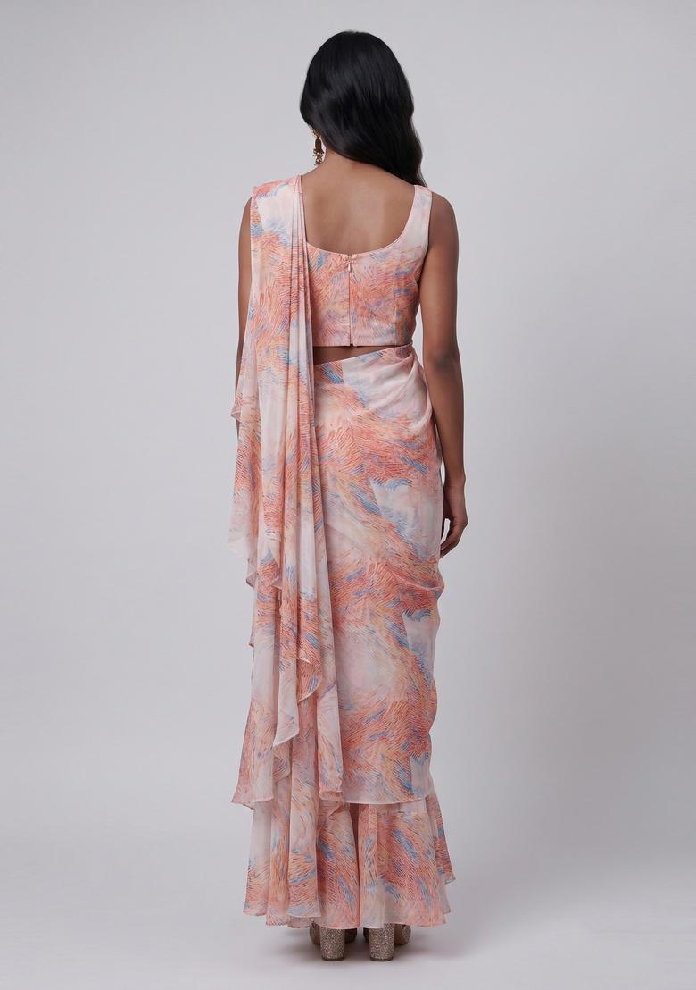 Pastel Pink Printed Organza Pre Draped Saree Set - Indya