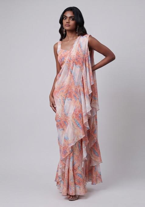 Pastel Pink Abstract Print Organza Pre Draped Saree Set