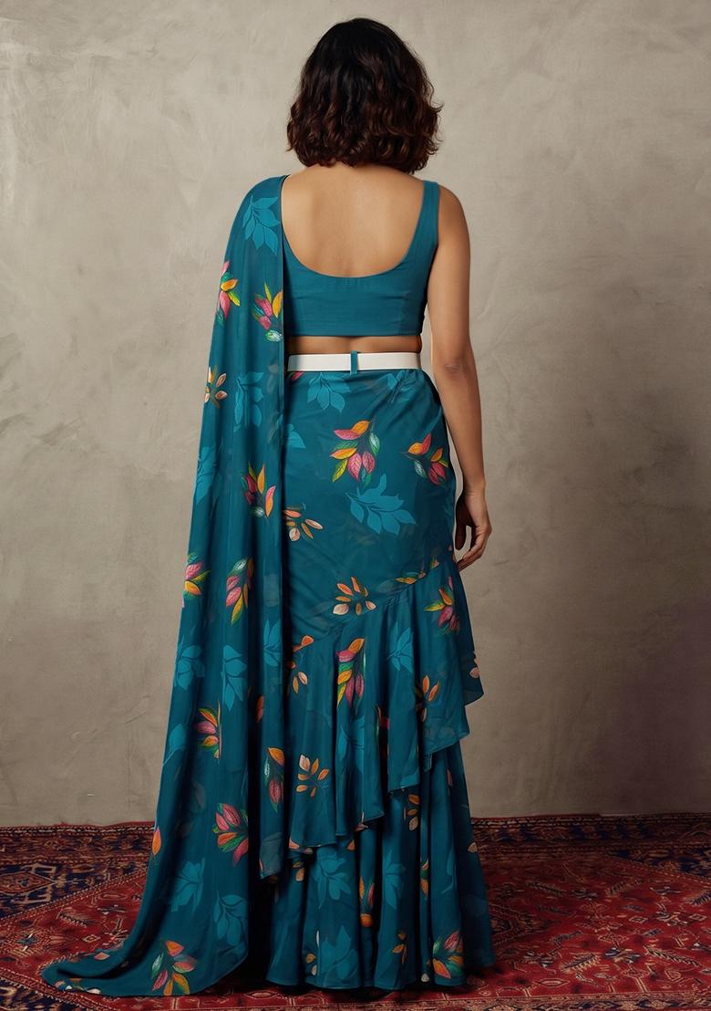 Teal Printed Georgette Pre Draped Saree Set - Indya
