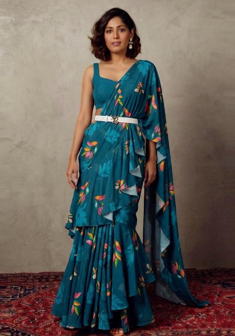 Teal Floral Print Georgette Pre Draped Saree Set