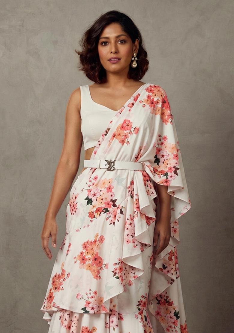White Printed Georgette Pre Draped Saree Set - Indya