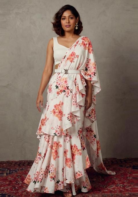 White Floral Print Georgette Pre Draped Saree Set