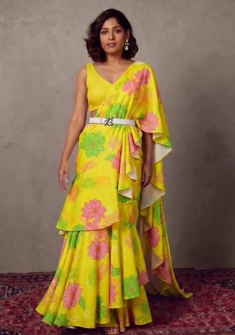 Yellow Floral Print Georgette Pre Draped Saree Set