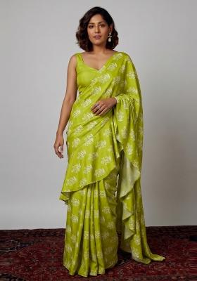 Lime Green Printed Georgette Pre Draped Saree Set