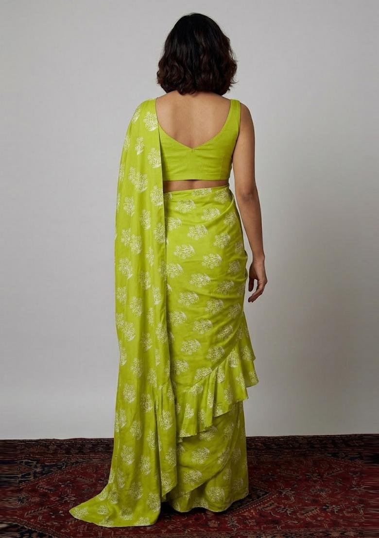 Lime Green Printed Georgette Pre Draped Saree Set - Indya