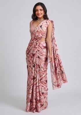 Dusty Pink Printed Satin Pre Draped Saree Set