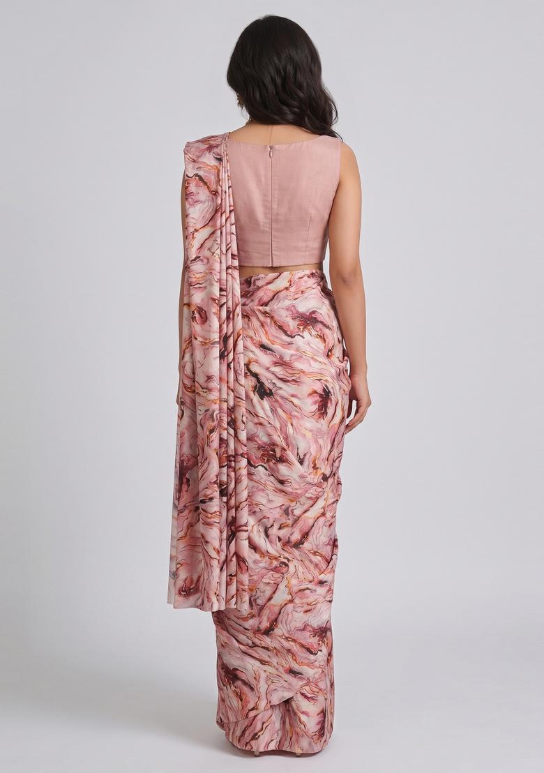 Dusty Pink Printed Satin Pre Draped Saree Set - Indya