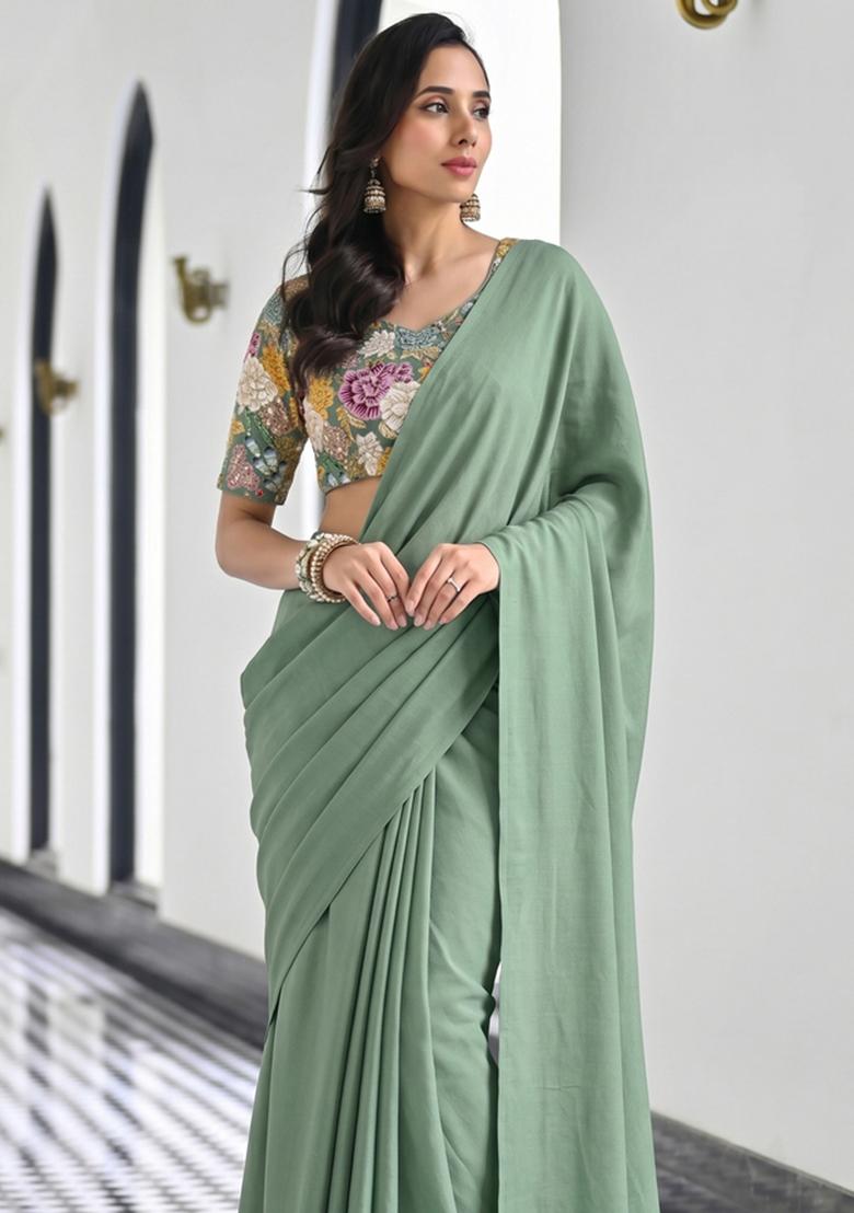 Sage Green Printed Crepe Pre Draped Saree Set - Indya