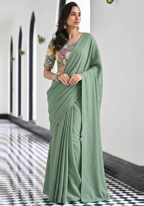 Sage Green Printed Crepe Pre Draped Saree Set