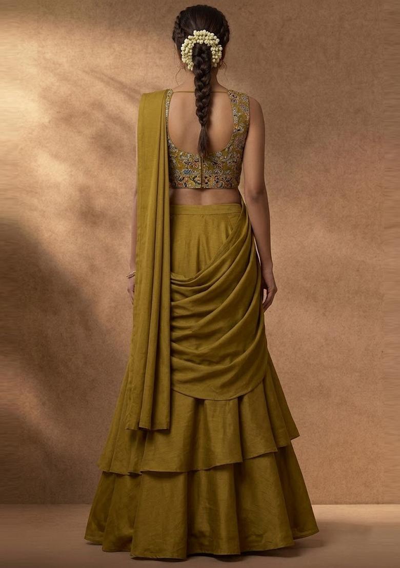 Olive Green Embroidered Crepe Fusion Set - Indya
